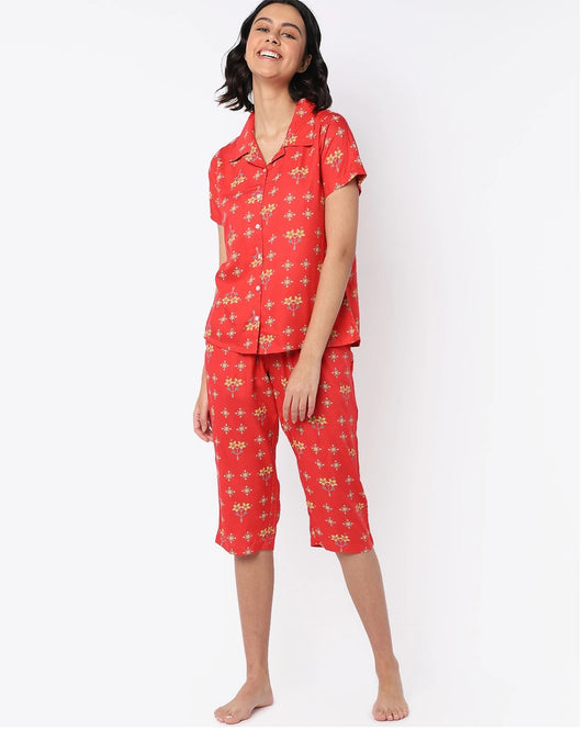 Women's Rayon Pyjama Night Suit Regular Capri Set