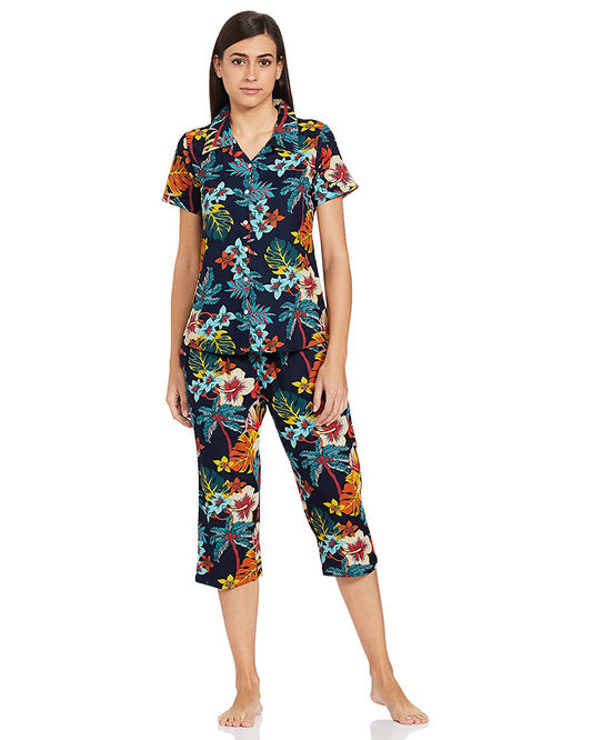 Women's Rayon Pyjama Night Suit Regular Capri Set