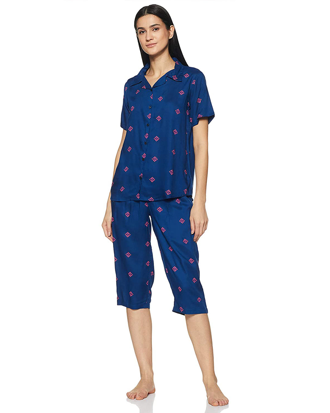 Women's Rayon Pyjama Night Suit Regular Capri Set